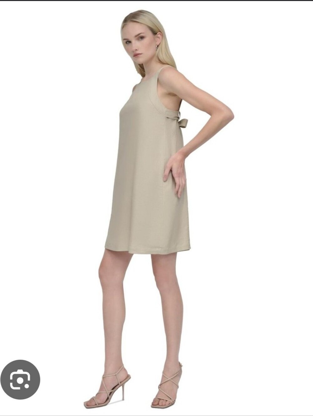 DKNY Linen Blend Shift Dress Beige Sleeveless Scoop Neck Midi Size 8 NWT Party